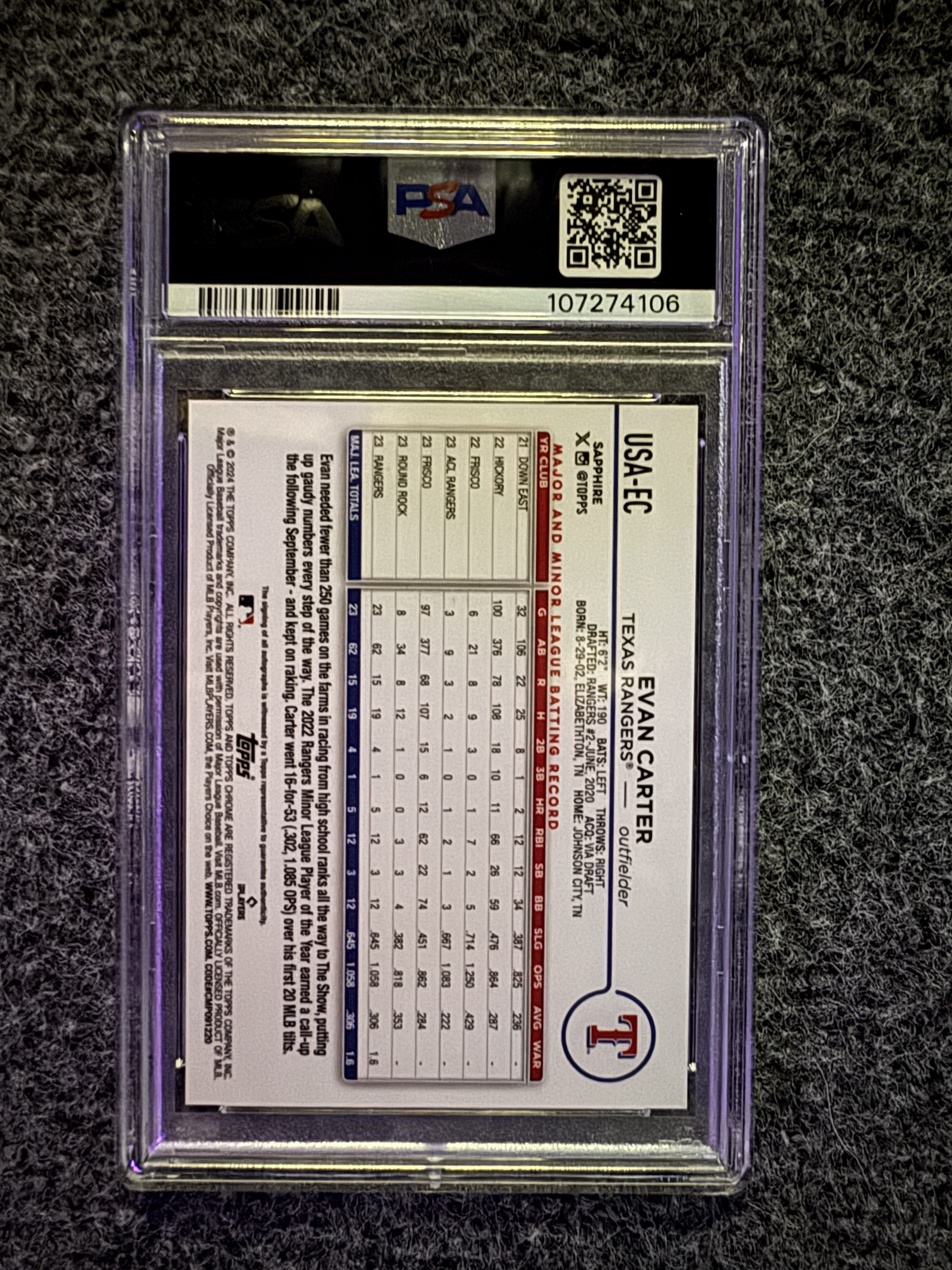 2024 Topps Chrome Update Sapphire Baseball Evan Carter #USA-EC Green, PSA 9, back of the card
