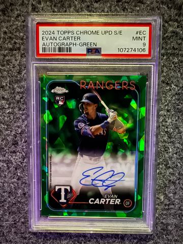 2024 Topps Chrome Update Sapphire Baseball Evan Carter #USA-EC Green, PSA 9, front of the card