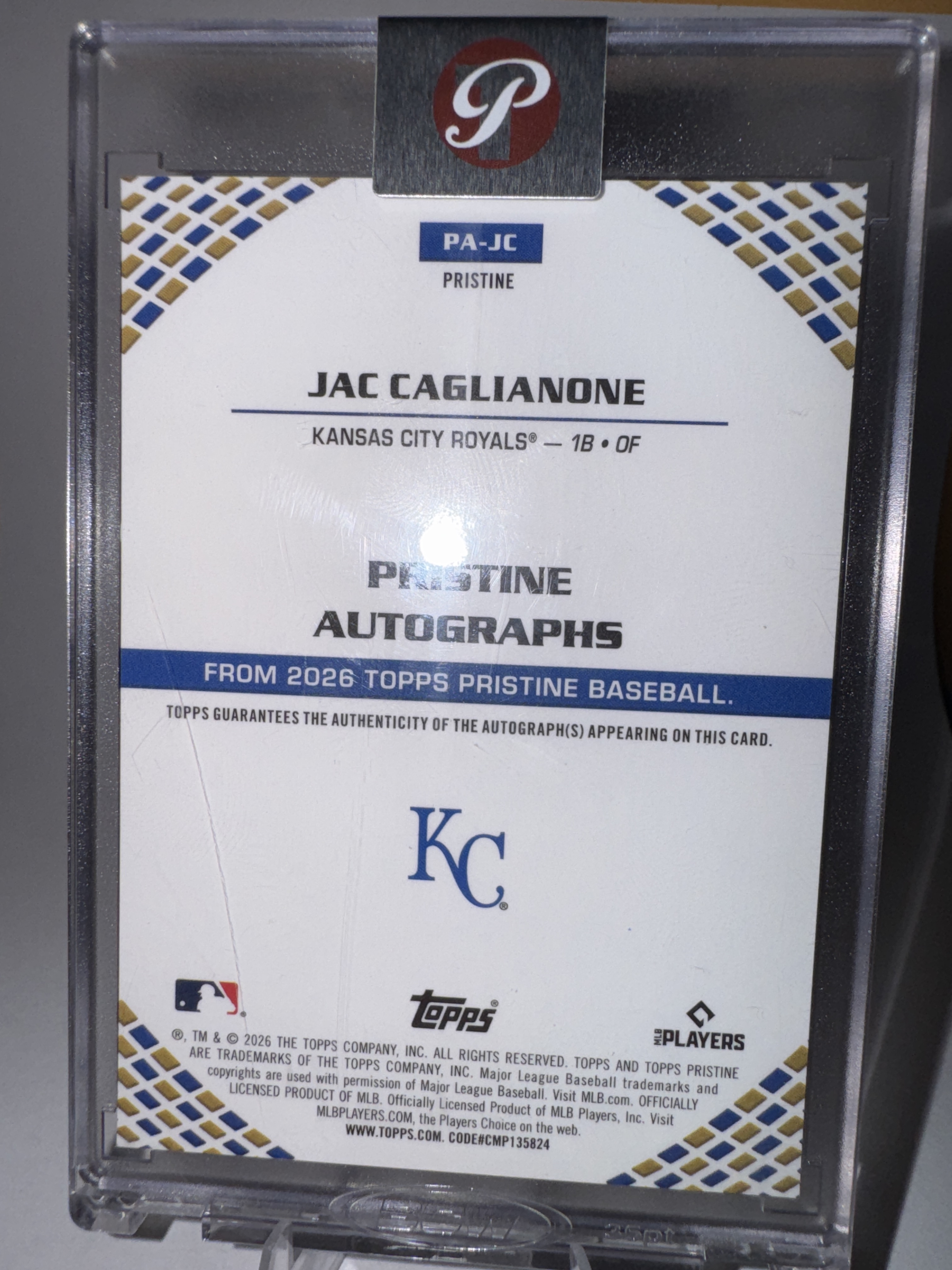 2026 Topps Pristine Baseball Jac Caglianone #PA-JC Base, Raw, back of the card