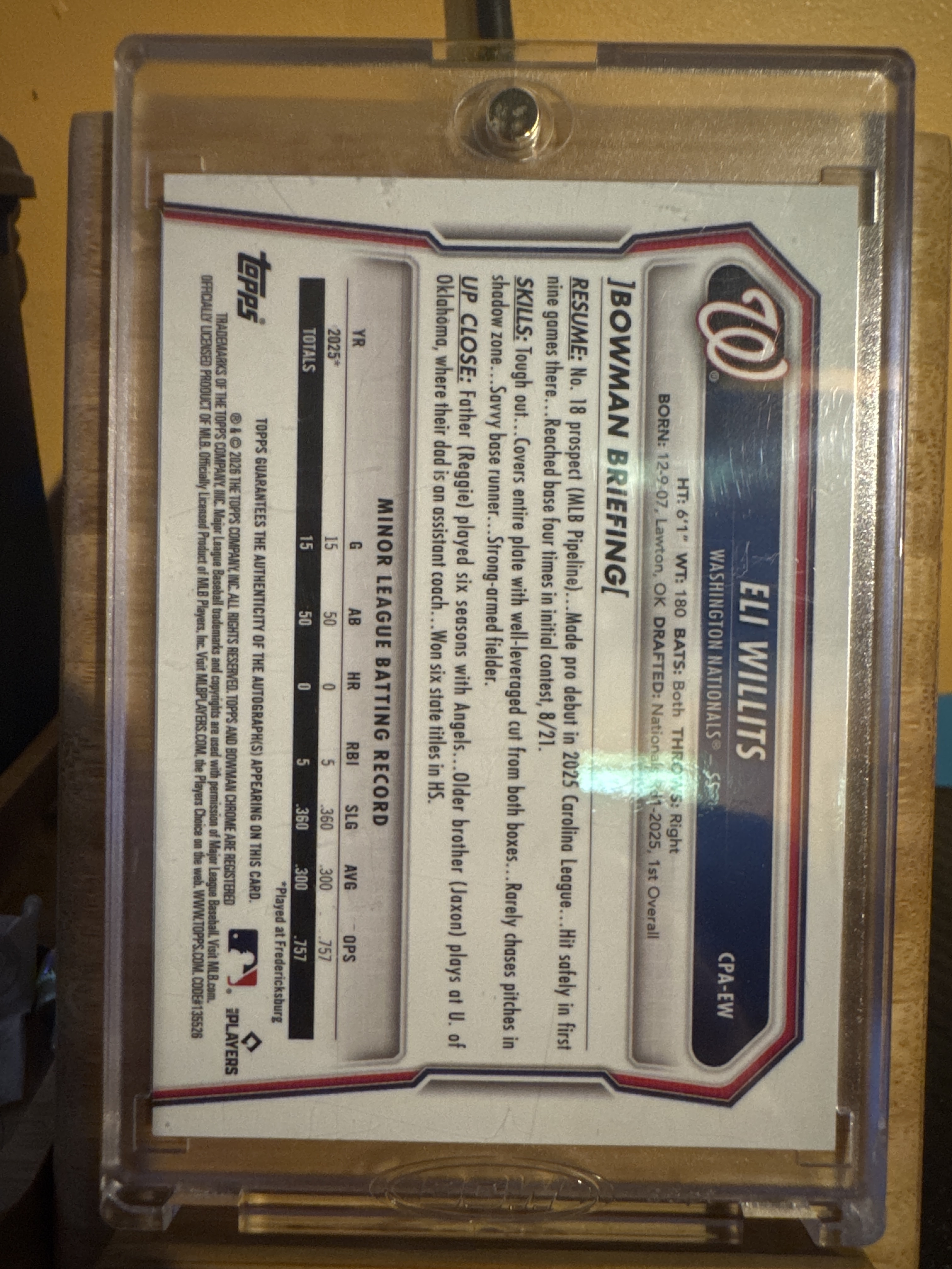 2026 Bowman Baseball Eli Willits #CPA-EW Aqua Refractor, Raw, back of the card