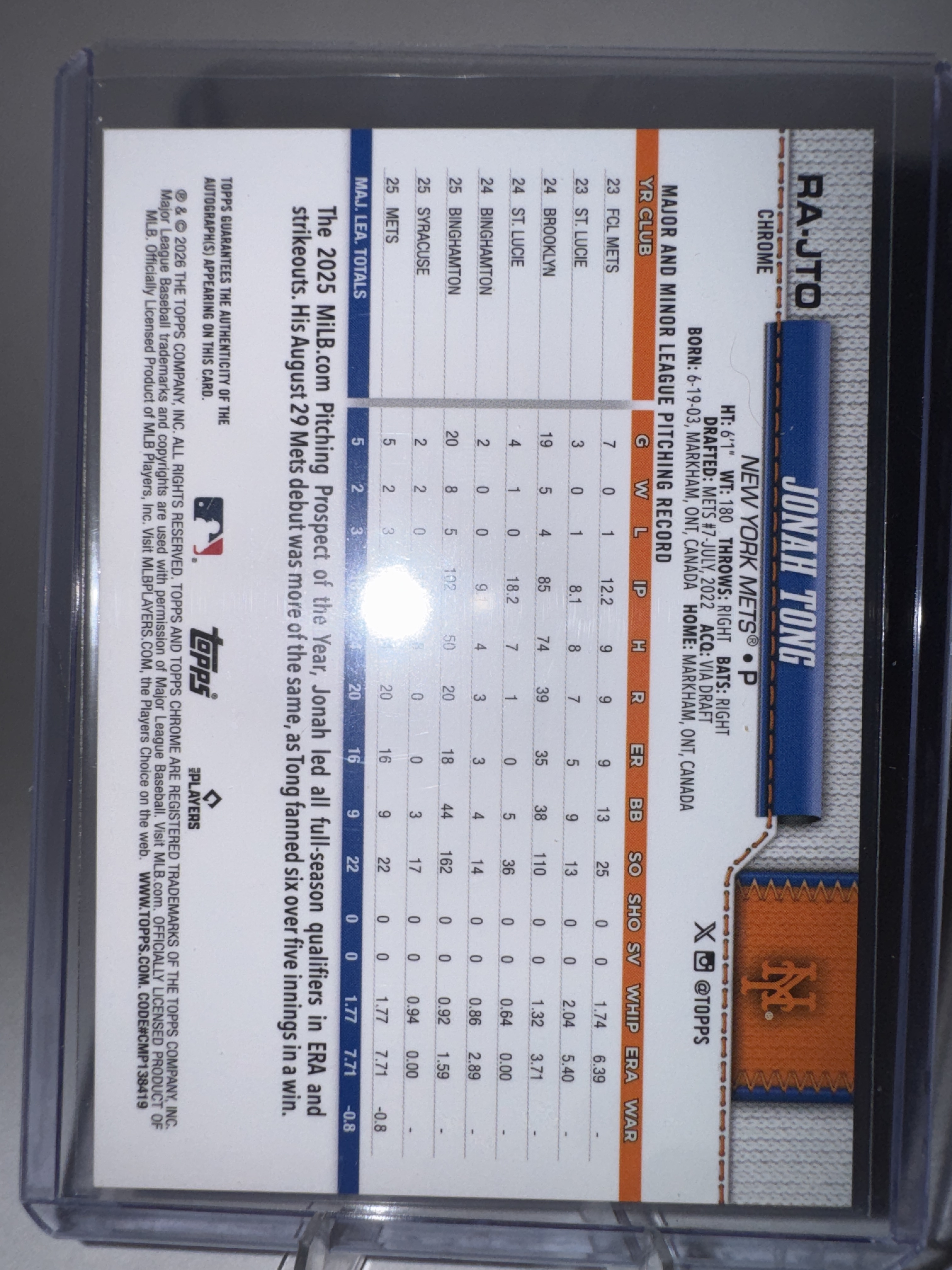 2026 Topps Chrome Logofractor Baseball Jonah Tong #RA-JTO Orange Refractor, Raw, back of the card