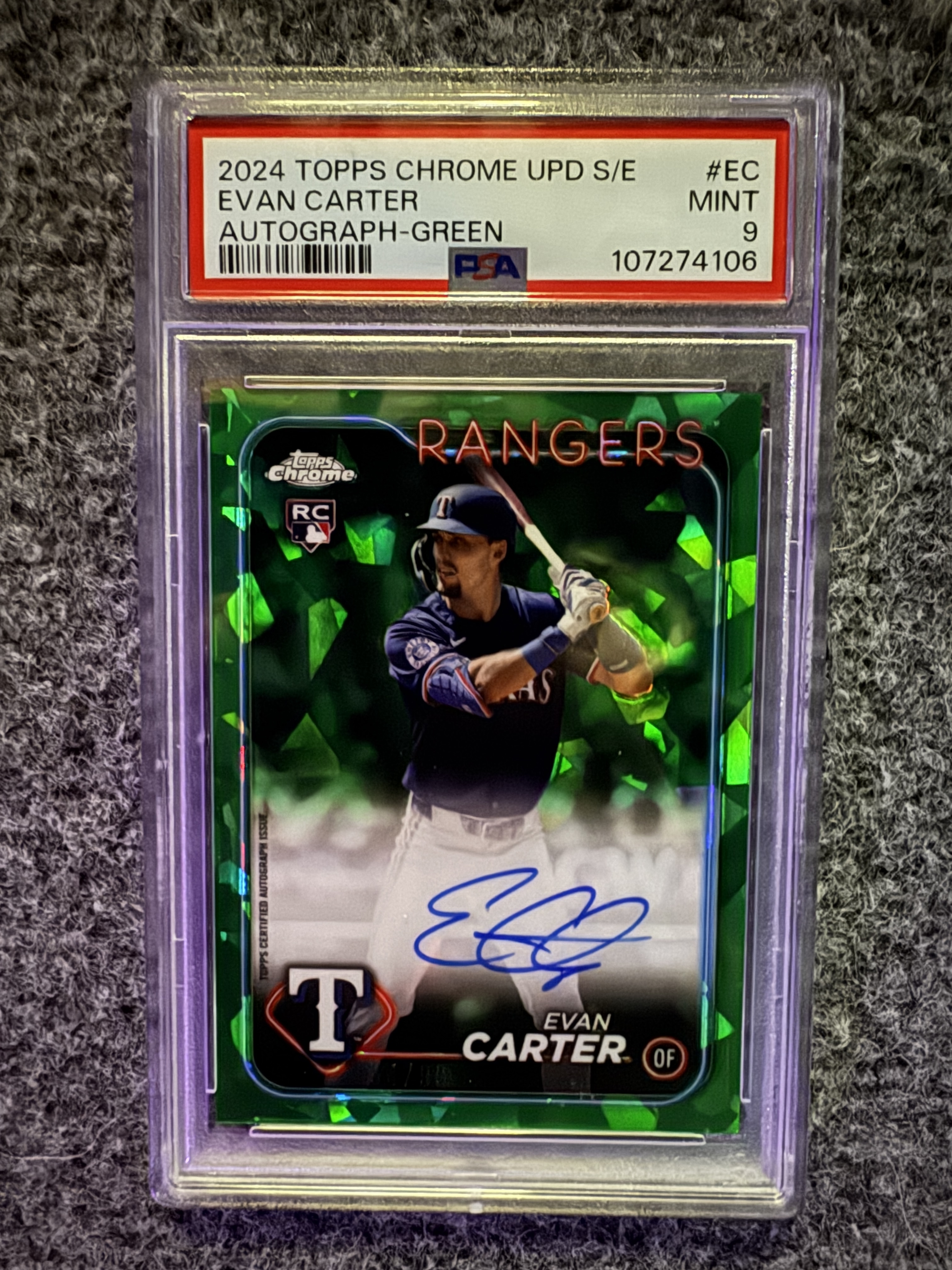 2024 Topps Chrome Update Sapphire Baseball Evan Carter #USA-EC Green, PSA 9, front of the card