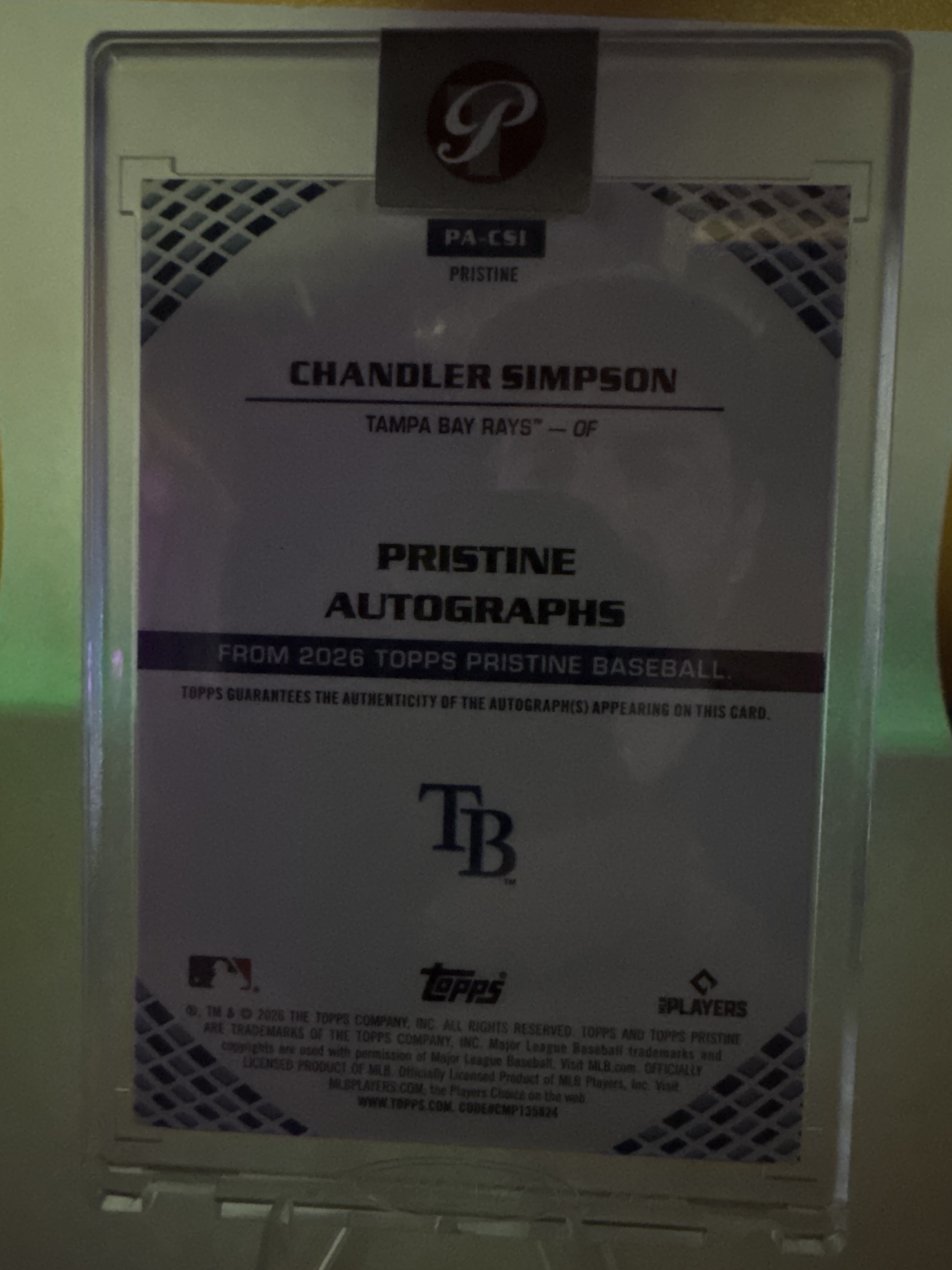 2026 Topps Pristine Baseball Chandler Simpson #PA-CSI Gold, Raw, back of the card