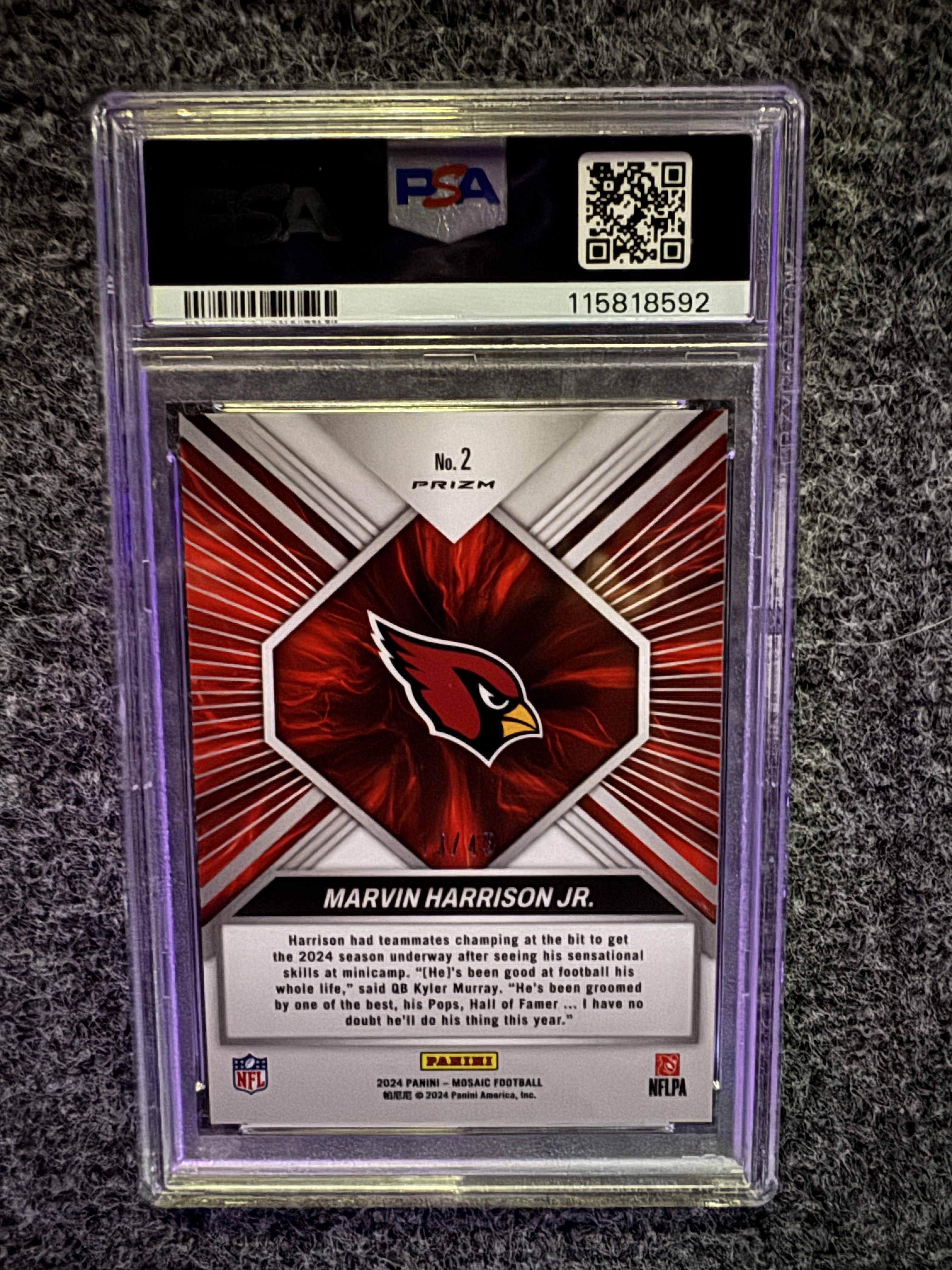 2024 Panini Mosaic Football Marvin Harrison Jr. #2 Mosaic Purple, PSA 10, back of the card